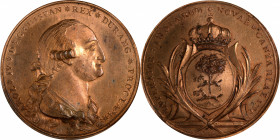 MEXICO. Charles IV/Durango Bronze Proclamation Medal, 1790. NGC MS-65 Red.

Grove-C-56c; cf. Fonrobert-6781. By G.A. Gil. Obverse: Rightward facing ...