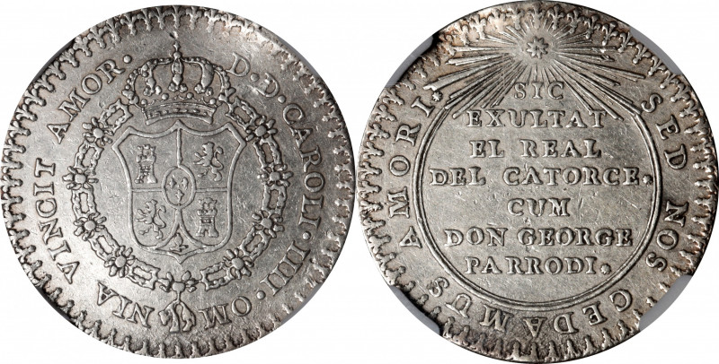 MEXICO. Charles IV/Real del Catorce Silver Proclamation Medal, ND (1788-1808). N...