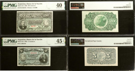 ARGENTINA. Lot of (2). Banco de la Nacion. 5 & 20 Centavos, 1892. P-213 & 215. PMG Extremely Fine 40 & Choice Extremely Fine 45 EPQ.