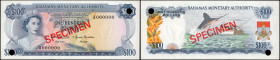 BAHAMAS. Bahamas Monetary Authority. 100 Dollars, 1968. P-33s. Specimen. Uncirculated.

A popular design type, with a swordfish found breaching on t...