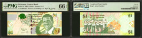BAHAMAS. Lot of (2). The Central Bank of the Bahamas. 1 & 5 Dollars, 2007-08. P-71 & 72. Fancy Serial Numbers. PMG Gem Uncirculated 66 EPQ.

Both no...