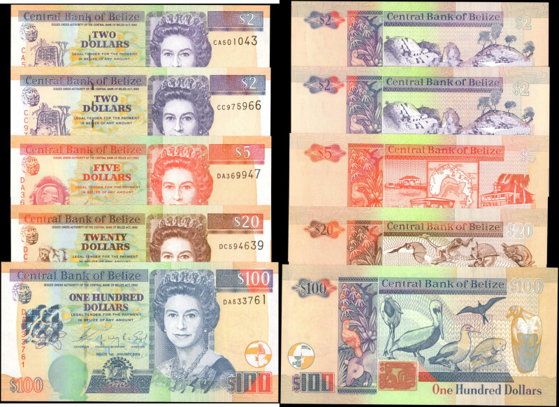 BELIZE. Lot of (5). Central Bank of Belize. 2, 5, 20 & 100 Dollars, 1999 to 2005...