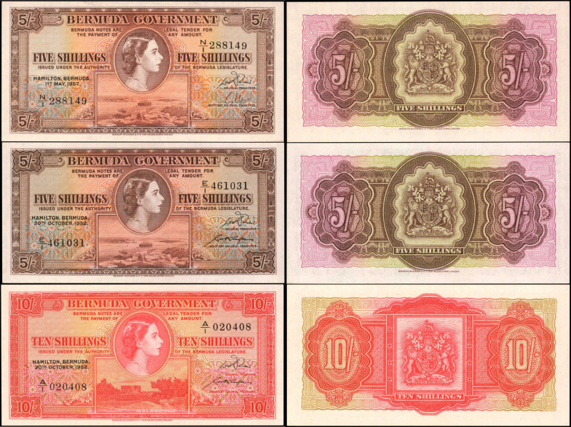 BERMUDA. Lot of (3). Bermuda Government. 5 & 10 Shillings, 1952-57. P-18 & 19. A...