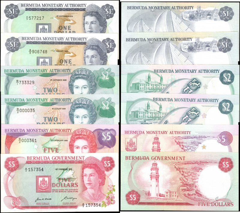 BERMUDA. Lot of (6). Mixed Banks. 1, 2 & 5 Dollars, 1970-89. P-24, 28b, 28c, 34a...