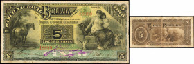 BOLIVIA. El Banco Nacional de Bolivia. 5 Bolivianos, 1892. P-S212a. Fine.

Pinholes, tears, edge damage and fold wear are noticed.

From the Ricar...
