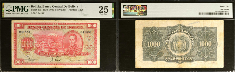 BOLIVIA. El Banco Central de Bolivia. 1000 Bolivianos, 1928. P-135. PMG Very Fin...