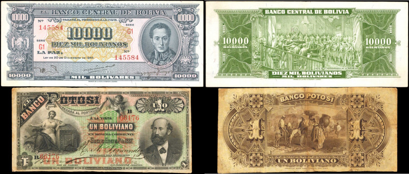 BOLIVIA. Lot of (2). Mixed Banks. 1 & 10,000 Bolivianos, 1887 & 1945. P-151 & S2...