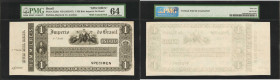 BRAZIL. Thesouro Nacional. 1 Mil Reis, ND (1852-67). P-A228s. Specimen. PMG Choice Uncirculated 64.

With counterfoil. PMG comments "Vertical Fold i...