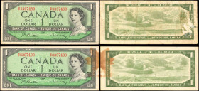CANADA. Lot of (2). Bank of Canada. 1 Dollar, 1954. P-74b. Consecutive. Fine.

A duo of consecutive 1 Dollar notes. Heavy staining is found on the t...