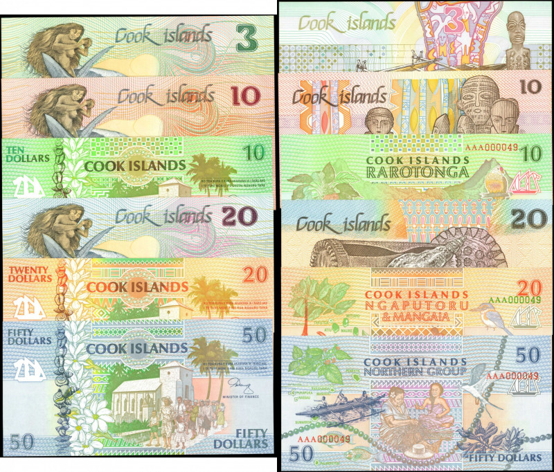 COOK ISLANDS. Lot of (6). Ministry of Finance. 3, 10, 20 & 50 Dollars, ND (1987 ...