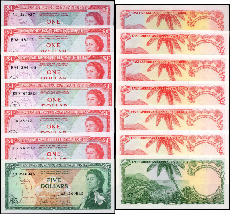 EAST CARIBBEAN STATES. Lot of (7). East Caribbean Currency Authority. 1 & 5 Doll...