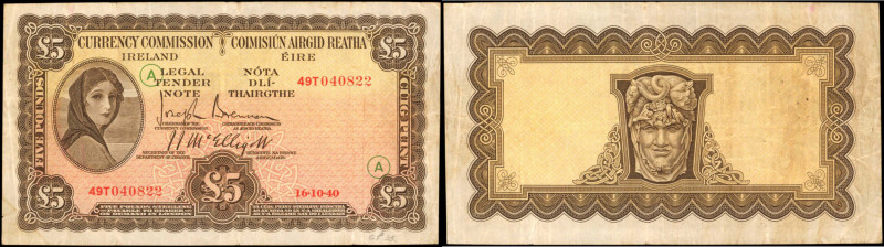 IRELAND. Currency Commission Ireland. 5 Pounds, 1940. P-3C. Very Fine.

An ann...