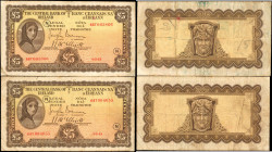 IRELAND. Central Bank of Ireland. 5 Pounds, 1943. P-3D. Fine.

A duo of code letter "N" 5 Pound noes. Annotations, tears, stains and pinholes are no...
