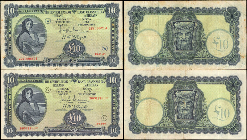 IRELAND. Lot of (2). Central Bank of Ireland. 10 Pounds, 1943-44. P-4D. Fine & V...