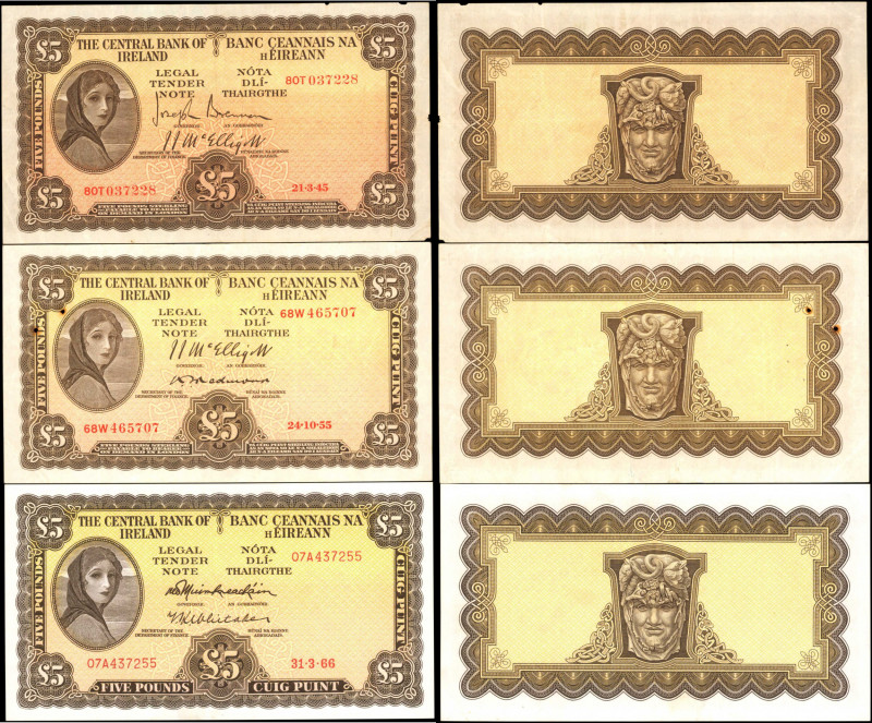 IRELAND, REPUBLIC. Lot of (3). Central Bank of Ireland. 5 Pounds, 1945-66. P-58b...