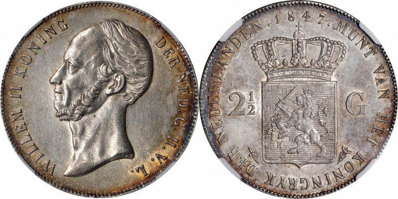 NETHERLANDS. 2-1/2 Gulden, 1847. William II. NGC MS-62.

Dav-235; KM-69. A han...