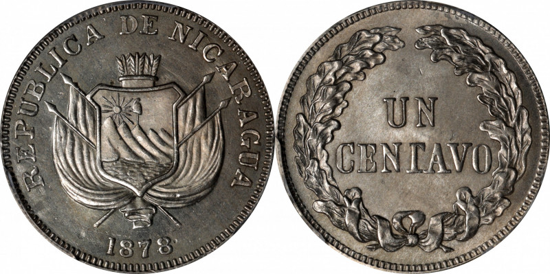 NICARAGUA. Centavo, 1878. PCGS MS-65.

KM-1. A pleasing and steel-toned Gem, w...