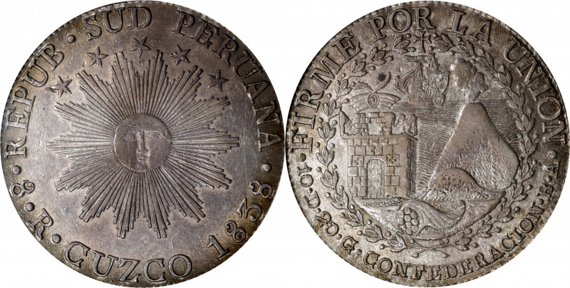 PERU. South Peru. 8 Reales, 1838-CUZCO BA. Cuzco Mint. PCGS AU-55.

KM-170.4. ...