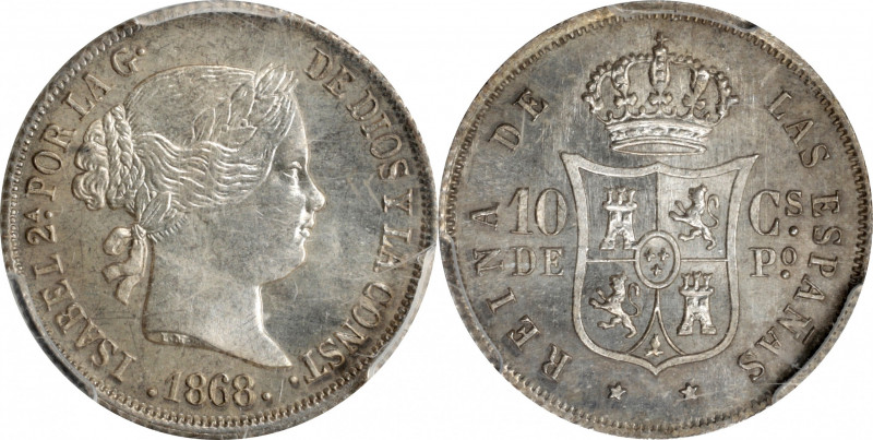 PHILIPPINES. 10 Centimos, 1868. Manila Mint. Isabel II. PCGS MS-65.

KM-145; C...