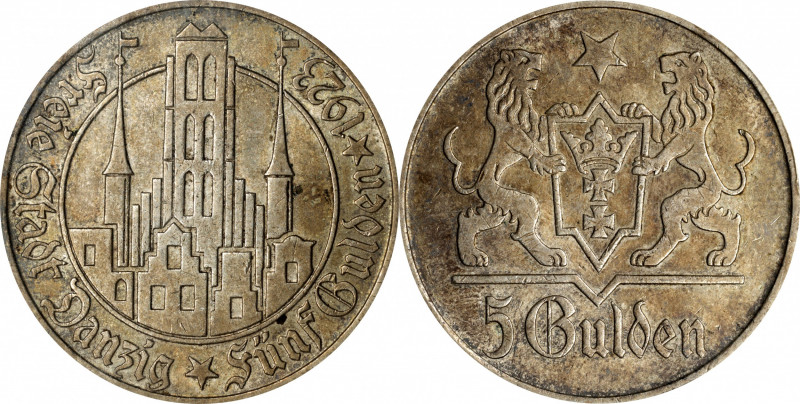 POLAND. Danzig. 5 Gulden, 1923. PCGS AU-55.

KM-147; J-D9. Obverse features Ma...