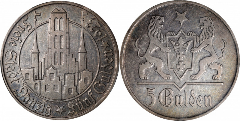 POLAND. Danzig. 5 Gulden, 1923. PCGS AU-53.

KM-147. An attractive and lightly...