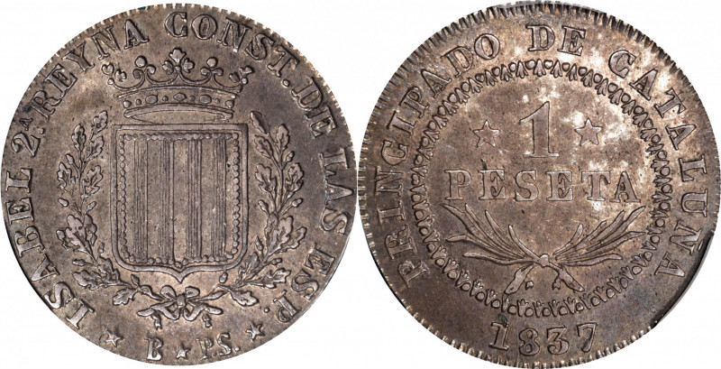 SPAIN. Peseta, 1837-B PS. Barcelona Mint. Isabel II. PCGS AU-58.

KM-129. A de...