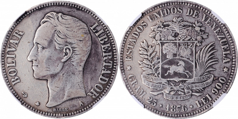 VENEZUELA. Venezolano, 1876-A. Paris Mint. NGC VF-20.

KM-Y-16; Stohr-36. A lo...