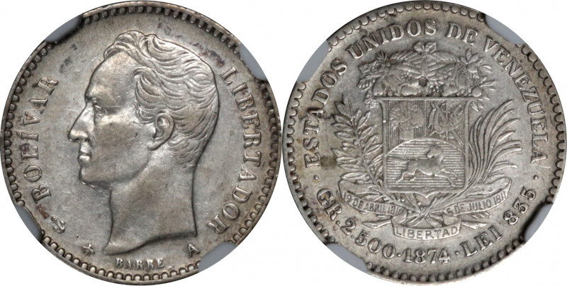 VENEZUELA. 10 Centavos, 1874-A. Paris Mint. NGC EF-45.

KM-Y-13.1; Stohr-33. V...