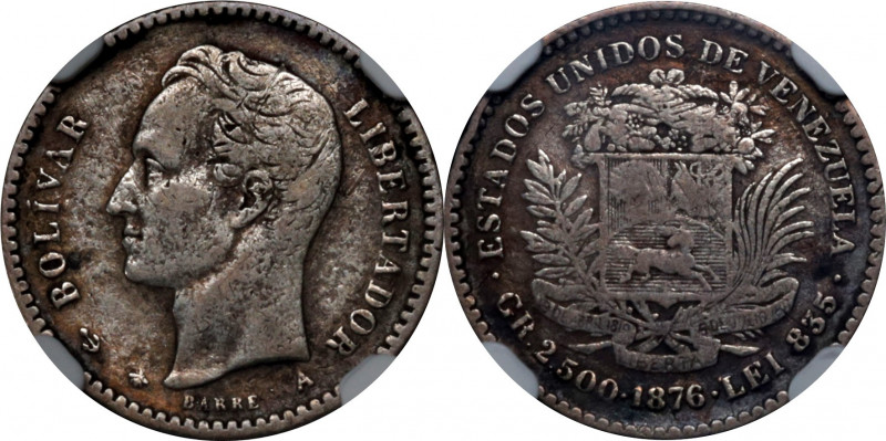 VENEZUELA. 10 Centavos, 1876-A. Paris Mint. NGC VF-20.

KM-Y-13.1; Stohr-33. V...