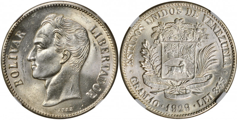 VENEZUELA. 2 Bolivares, 1929. Philadelphia Mint. NGC MS-63.

KM-Y-23; Stohr-63...