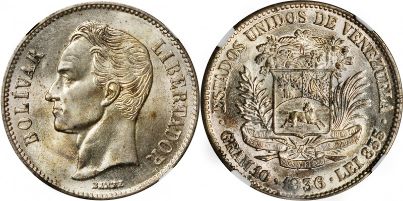 VENEZUELA. 2 Bolivares, 1936. Philadelphia Mint. NGC MS-63.

KM-Y-23; Stohr-63...