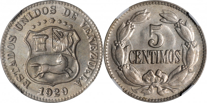 VENEZUELA. 5 Centimos, 1929. Philadelphia Mint. NGC MS-64.

KM-Y-27; Stohr-56....