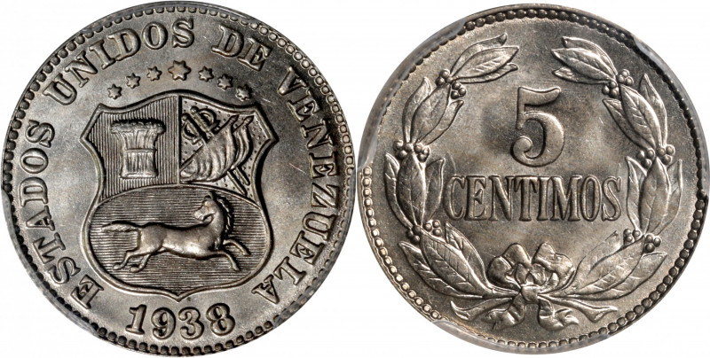 VENEZUELA. 5 Centimos, 1938. Philadelphia Mint. PCGS MS-66.

KM-Y-27; Stohr-56...