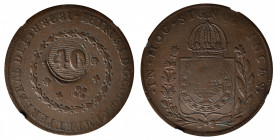 BRAZIL. Empire. 40 Reis, ND (1835). Rio de Janeiro Mint. Pedro I. NGC VF-30 Brown; Countermark: AU Standard.

KM-444.1; LDMB-C618; Bentes-553.07. Is...