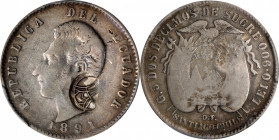 ECUADOR. Ecuador - Galapagos Islands. 2 Decimos, ND (ca. 1900). PCGS VF-25.

KM-55. Fantasy Countermark RA. Struck on an Ecuadorian 1/2 Decimo, 1891...