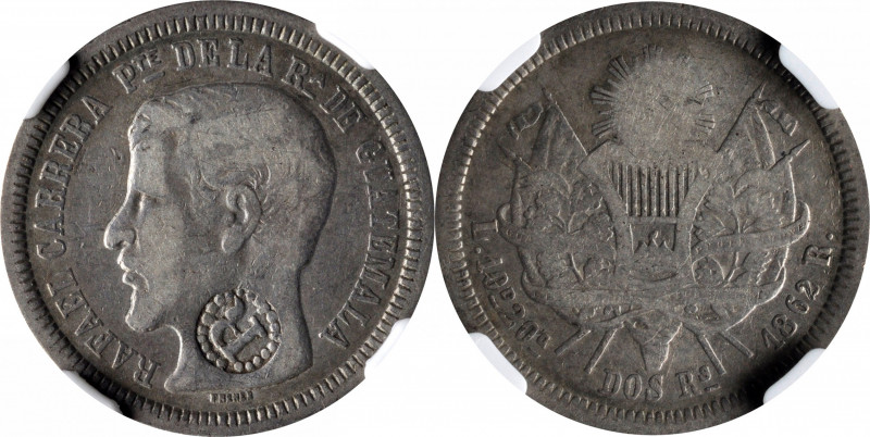 EL SALVADOR. El Salvador - Guatemala. 2 Reales, ND (1862). NGC VF-3; Countermark...