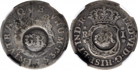 JAMAICA. Jamaica - Peru. 10 Pence (Real), ND (1758). NGC VG Details--Scratches; Countermark: F Standard.

KM-3; Prid-7. Issued by local Act of 18 No...