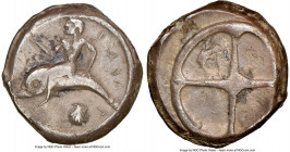 CALABRIA. Tarentum. Ca. 480-450 BC. AR didrachm (17mm, 7.75 gm). NGC VF 4/5 - 2/5, scratches. TARAϞ (retrograde), Taras astride dolphin left, both han...