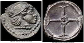 SICILY. Syracuse. Hieron I (ca. 480-470 BC). AR obol or litra (10mm, 0.54 gm). NGC (photo-certificate) MS 5/5 - 3/5. 475-470 BC. Pearl diademed head o...