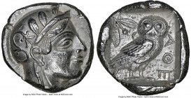 ATTICA. Athens. Ca. 455-440 BC. AR tetradrachm (24mm, 17.08 gm, 9h). NGC Choice AU 5/5 - 3/5. Early transitional issue. Head of Athena right, wearing ...