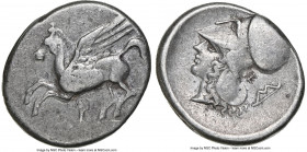 CORINTHIA. Corinth. Ca. 4th Century BC. AR stater (22mm, 8.45 gm, 1h). NGC VF 5/5 - 4/5. Ca. 345-307 BC. Pegasus flying left, Ϙ below / Head of Athena...