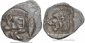 MYSIA. Cyzicus. Ca. 5th century BC. AR diobol(?) (13mm, 8h). NGC Choice XF. Forepart of boar left, tunny upward behind; E (retrograde) on shoulder / H...