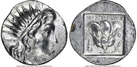 CARIAN ISLANDS. Rhodes. Ca. 188-170 BC. AR drachm (15mm, 12h). NGC AU. Plinthophoric standard, Aristoboulus, magistrate. Radiate head of Helios right ...