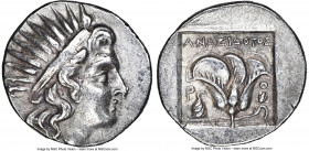 CARIAN ISLANDS. Rhodes. Ca. 188-170 BC. AR drachm (15mm, 12h). Choice XF. Plinthophoric standard, Anaxidotos, magistrate. Radiate head of Helios right...