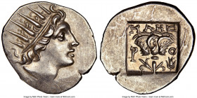 CARIAN ISLANDS. Rhodes. Ca. 88-84 BC. AR drachm (16mm, 12h). NGC Choice AU. Plinthophoric standard, Maes, magistrate. Radiate head of Helios right / M...