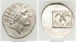 CARIAN ISLANDS. Rhodes. Ca. 88-84 BC. AR drachm (15mm, 2.17 gm, 11h). Choice XF. Plinthophoric standard, Euphanes, magistrate. Radiate head of Helios ...