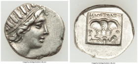CARIAN ISLANDS. Rhodes. Ca. 88-84 BC. AR drachm (15mm, 2.87 gm, 1h). Choice XF. Plinthophoric standard, Philostratus, magistrate. Radiate head of Heli...
