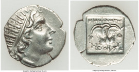 CARIAN ISLANDS. Rhodes. Ca. 88-84 BC. AR drachm (16mm, 2.22 gm, 11h). Choice XF. Plinthophoric standard, Menodorus, magistrate. Radiate head of Helios...