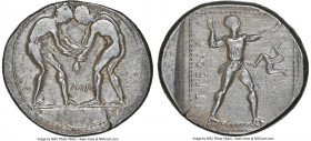 PAMPHYLIA. Aspendus. c.380-325 BC. AR stater (23mm, 11h). NGC VF, brushed. Two wrestlers grappling, MΛ between, all in dotted circle / EΣTFEΔIIY, slin...