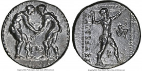PAMPHYLIA. Aspendus. Ca. 325-250 BC. AR stater (21mm, 10.87 gm, 12h). NGC XF 5/5 - 3/5. Two wrestlers grappling, ΠO between, all in dotted circle / EΣ...